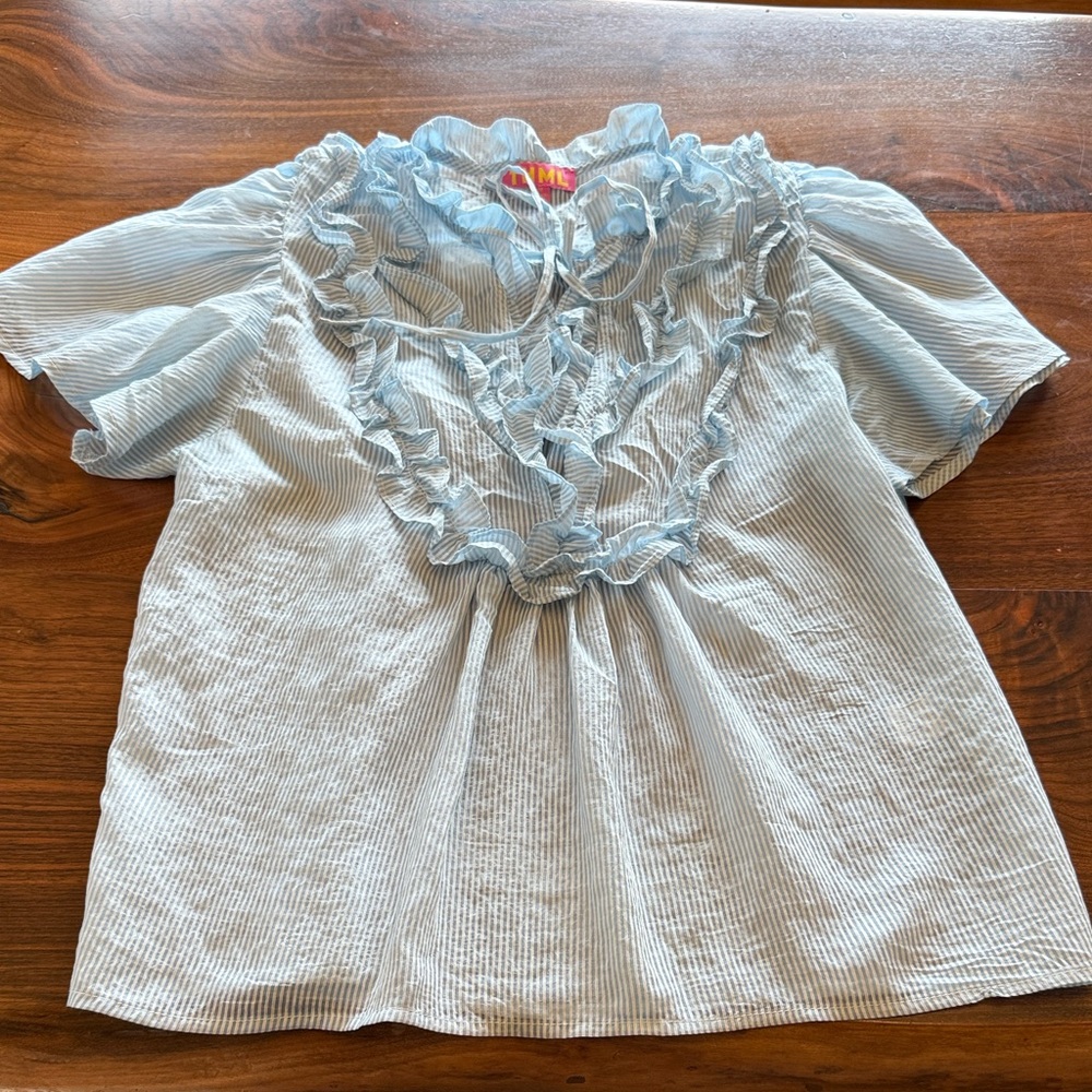 Blue Striped Ruffle Blouse